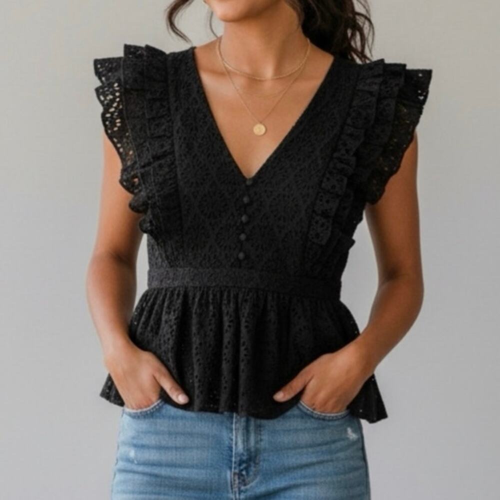 J. CREW COLLECTION Women's 8 Cotton Ruffle Sleeve Eyelet Peplum Top Black
